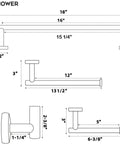 Brushed Nickel Bathroom Hardware Set 5-Piece Kit dimensions showing 18-inch towel bar, 12-inch hand bar, toilet paper holder.