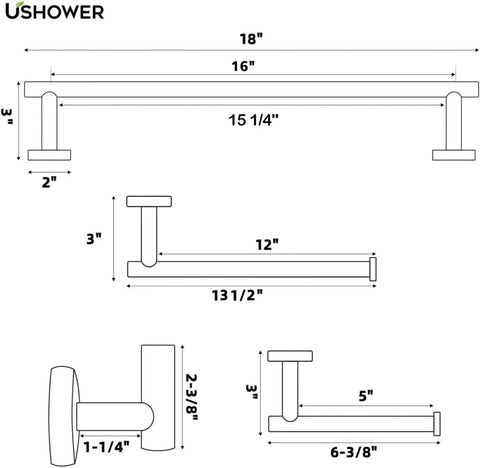 Technical diagram of Matte Black 5 Piece Bathroom Accessories Set, Wall Mounted Towel Bar, Towel Rack, Toilet Paper Holder, Two Robe Hooks