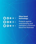 Glass bead technology graphic explaining overclamping protection and bond line thickness in epoxy adhesive.