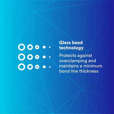 Glass bead technology graphic explaining overclamping protection and bond line thickness in epoxy adhesive.