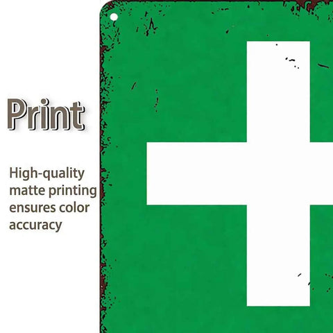 Close-up of 12 By 8 Inch Aluminum First Aid Station Sign Durable Rust Resistant Metal with high-contrast white cross on green background