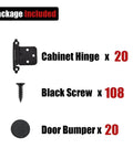 Package contents of Half Inch Overlay Cabinet Door Hinges Matte Black 20 Pack Self Closing Flush Mount Cupboard Hinges With Door Bumpers For Kitchen Cabinets CH200 BK P20