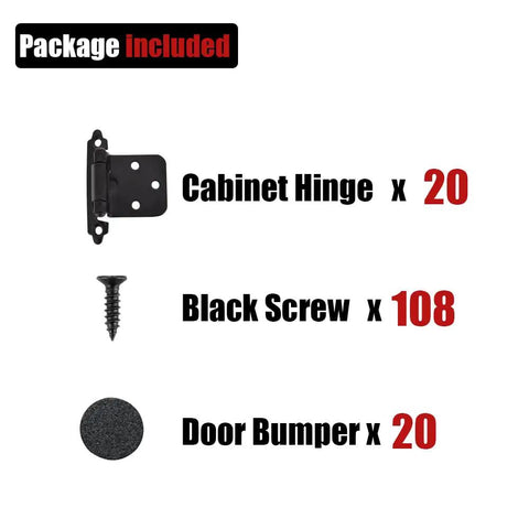 Package contents of Half Inch Overlay Cabinet Door Hinges Matte Black 20 Pack Self Closing Flush Mount Cupboard Hinges With Door Bumpers For Kitchen Cabinets CH200 BK P20