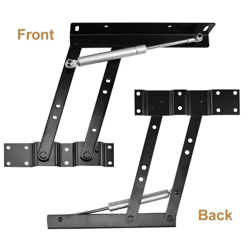 Built Tough Pneumatic Coffee Table Lift Mechanism Kit With Heavy Hitter Steel Brackets, front and back view showcasing black steel construction.