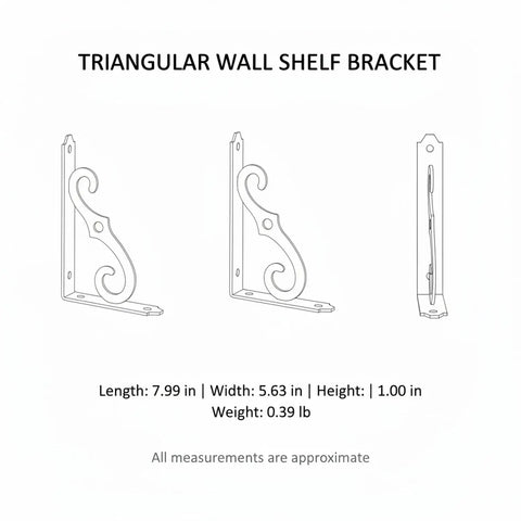 Diagram of sturdy triangular wall shelf bracket made from beefy carbon steel for floating shelves, matte black finish.