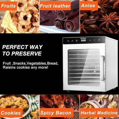 Built Different 10 Layer Food Dehydrator With Stainless Steel Trays showcasing various dehydrated foods and snacks for preservation.