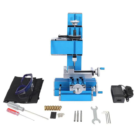 Mini Benchtop Milling Machine With 24W Motor, Compact Electric Metal Lathe For Diy Creators with tools and accessories.
