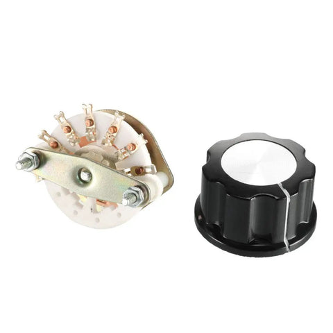 1 Pole 6 Position Band Selector Rotary Switch with 7 pins, black plastic knob, mounting nut, 10mm mount hole, 6mm shaft, 12mm length