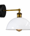 Industrial Dome Wall Sconce, White, 180° Adjustable Vintage Wall Light with brass arm and black circular mount.