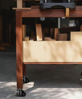 Top Notch Heavy Duty Leveling Stem Casters Set of Four Premium Aluminum Alloy retractable wheels on a wooden workbench.