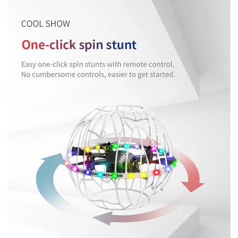 2.4GHz Spherical RC Drone With Auto Obstacle Avoidance Dual Speed Modes and Smart Hover for teens in white cage performing spin stunt