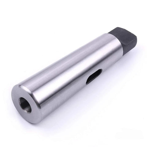 MT3 to MT4 Morse taper drill sleeve reducing adapter, side view, silver metal body with black end