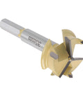 35mm hinge bore bit with 9mm hex shank and 3-flute cutter for woodworking, yellow-coated