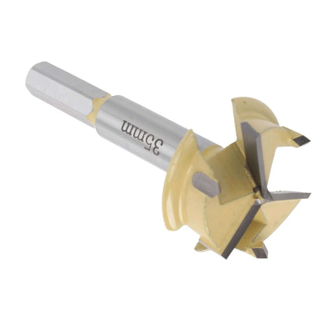 35mm hinge bore bit with 9mm hex shank and 3-flute cutter for woodworking, yellow-coated