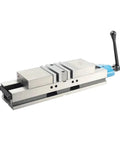 Heavy Duty Six Inch Angle Vise Built Tough For Mill And Drill Presses with flat jaws and a lever mechanism for precise clamping.