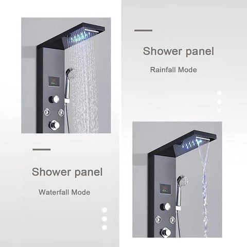 LED Rainfall Shower Panel Tower With Waterfall Handheld Tub Spout And Massage Jets Temperature Display Five Function Spa Upgrade For A Modern Bathroom Makeover With Epic Spa Vibe