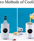 Sharp Two In One Electric Cooling Cup And Slim Desktop Beverage Chiller with drink options for quick cooling and warming.