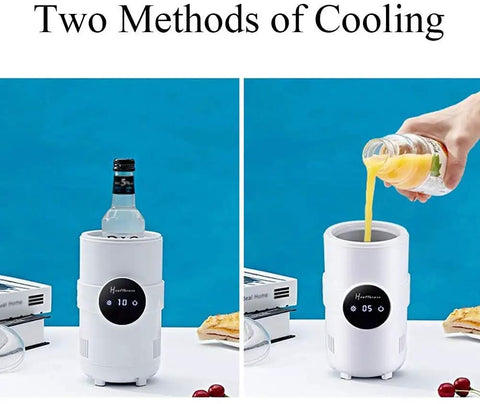 Sharp Two In One Electric Cooling Cup And Slim Desktop Beverage Chiller with drink options for quick cooling and warming.