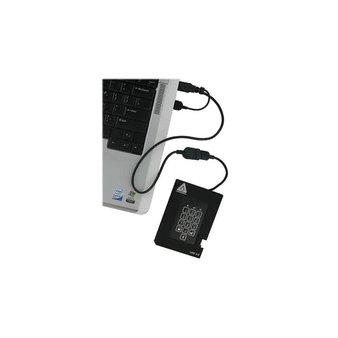 Heavy Duty 2TB USB 3.0 External Hard Drive Featuring 256 Bit FIPS Hardware Encryption And Integrated Keypad Pin Lock connected to a laptop.