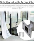 Side Mount with Screw Kits for Top Tier Black Glass Railing Kit With Stainless Steel Deck Support, mounts to wall for glass panels.
