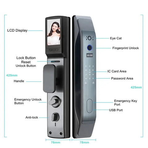 Solid Heavy Duty Smart Door Lock With APP Remote Control And Lightning Fast Fingerprint Scan showing LCD display, fingerprint unlock, and emergency buttons.