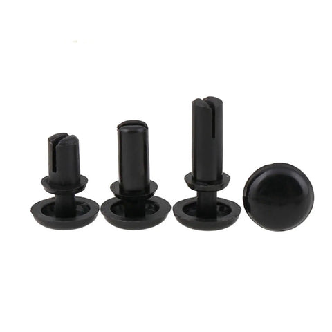 Various sizes of Plastic R Type Expansion Rivet Clips Tight Lock PCB Board Fasteners, black for quick installation.