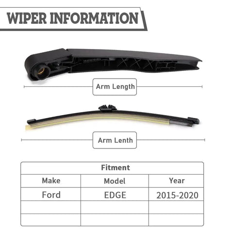 Heavy Duty Rear Windshield Wiper Arm And Blade Kit For Ford Edge 2015 To 2024 displaying arm length information and fitment details.