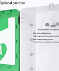 Front view of white wall-mounted AED defibrillator storage cabinet with green interior panel