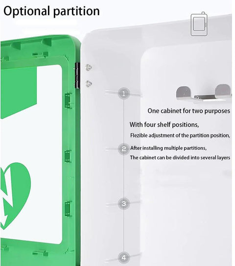 Front view of white wall-mounted AED defibrillator storage cabinet with green interior panel