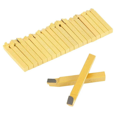Front view of a 20-piece 1/4-inch carbide-tipped lathe cutter tool set with yellow inserts for turning and boring