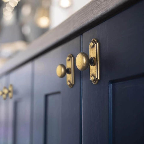 Six Piece Set Of Antique Brass Cabinet Knobs With Industrial Backplates For Kitchen Cabinets Classic Round Hardware Vintage Drawer Pulls Retro Dresser Handles Yanxia installed on navy cabinets