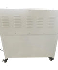 Back view of Yokoma Pneumatic Foot Sealer Shrink Bag Corner Cutter with ventilation and wheeled base for easy transport.