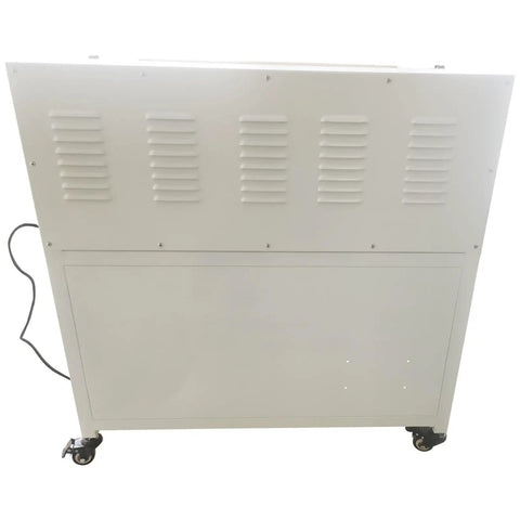 Back view of Yokoma Pneumatic Foot Sealer Shrink Bag Corner Cutter with ventilation and wheeled base for easy transport.