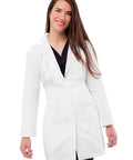 Women Belted Lab Coat 33 Inch White Size M with chest and dual patch pockets, ideal for medical professionals.