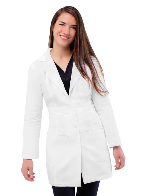 Women Belted Lab Coat 33 Inch White Size M with chest and dual patch pockets, ideal for medical professionals.