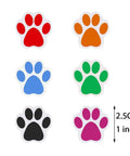 Dog Paw Print Stickers Roll 500 Self Adhesive Paw Labels Colorful Animal Shape Wall Decals Perfect For Vet Tech Gifts Classroom Decor Envelope Seals Party Tags And Gift Wrapping. Six colorful dog paw print stickers on paper shown with size scale.