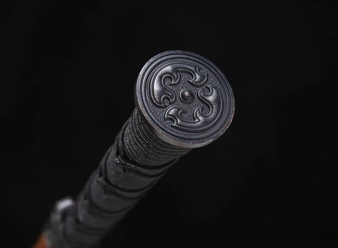 Pommel of Hand-Forged Damascus Han Sword With 42-Inch Battle-Ready Chinese Longquan Blade showing intricate kirsite fittings.