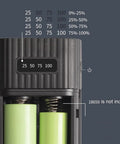 Digital screen display of Dual 18650 And 21700 Battery Box Power Case showing battery levels, rugged design, batteries not included.