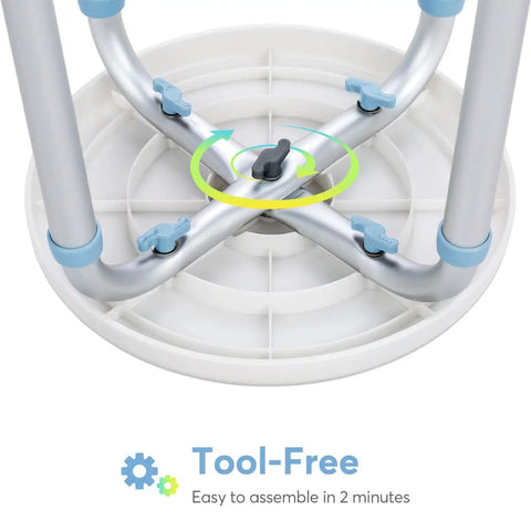 Tool-free assembly base of 360 Degree Rotating Shower Chair With Easy Tool Free Setup Adjustable Tub Stool And Bathtub Seat Bench Anti Slip Rubber Tips For Safety And Stability No Hassle Bath Breakthrough For Safer Showers