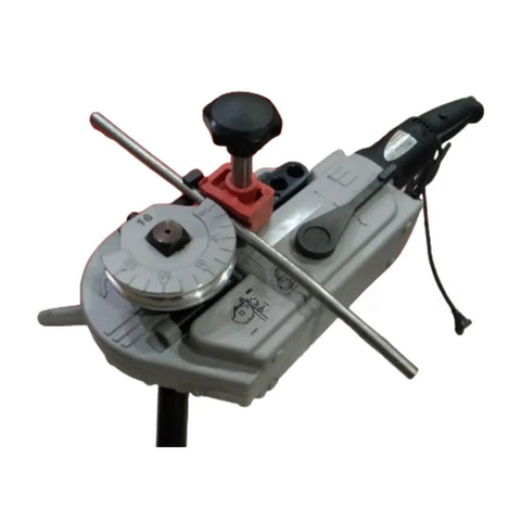 Heavy Hitter Electric Pipe Bender 4000 Series Handles 14-28mm Tubing view with dial and clamp, ideal for precise metal bending.