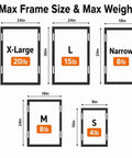 Diagram showing max frame sizes and weights for Large Picture Hanging Strips 28 Pairs 56 White Strips Heavy Duty Adhesive Hook And Loop Tape