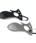 Multifunction Camping Spoon Fork Tool with Bottle Opener and Wrenches, Stainless Steel 3Cr13, shown in black and silver colors