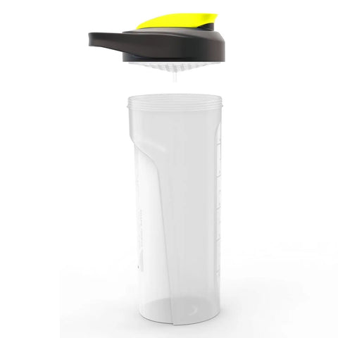 Dual Mixing Protein Shaker Bottle 28 Oz With Ball Mixer And Grid, BPA Free, Leak-Proof, shown in yellow and black lid.