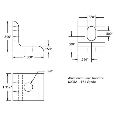 Rock Solid Aluminum Inside Corner Bracket For T Slot Extrusion dimensions drawing with measurements in inches, clear anodized finish.