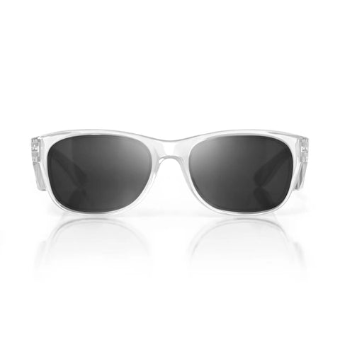 Top Shelf Clear Frame Polarized Safety Glasses Osha Approved Ansi Z87 Plus Certified Anti Scratch Polycarbonate Eye Shield Uv400 Sun Protection Fly Protective Eyewear Grind front view on white background