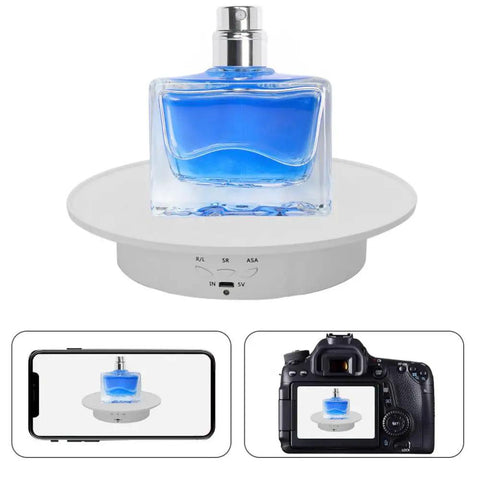 JAYEGT Motorized Rotating Display Stand, 7.87 Inch 360 Degree Electric Turntable showcasing a blue perfume bottle, compact design.