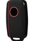 Silicone Key Fob Cover For Volkswagen Beetle, Golf, Jetta, Passat, black with red trim, side view, snug fit for remote protection.