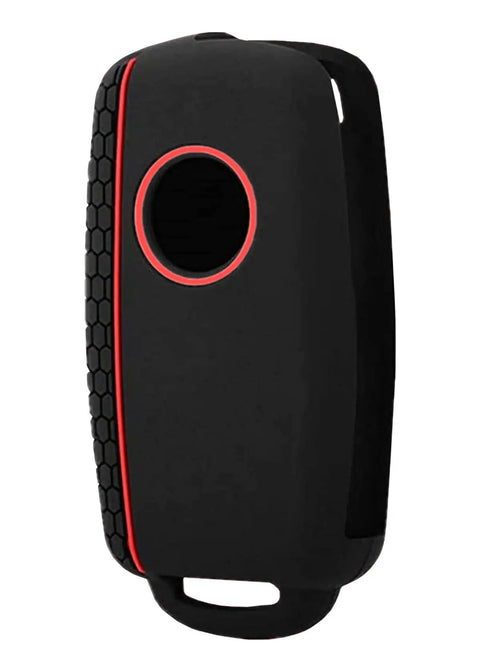Silicone Key Fob Cover For Volkswagen Beetle, Golf, Jetta, Passat, black with red trim, side view, snug fit for remote protection.