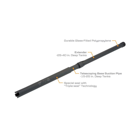 Telescoping Suction Pipe for Fluid Transfer Pumps, Adjustable 15 to 40 Inches, 1 Inch NPT shown with labels detailing parts.