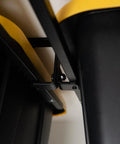 Close-up view of installed Garage Ceiling Tote Storage Rack With Adjustable Slide Rails For Four Bins in black.